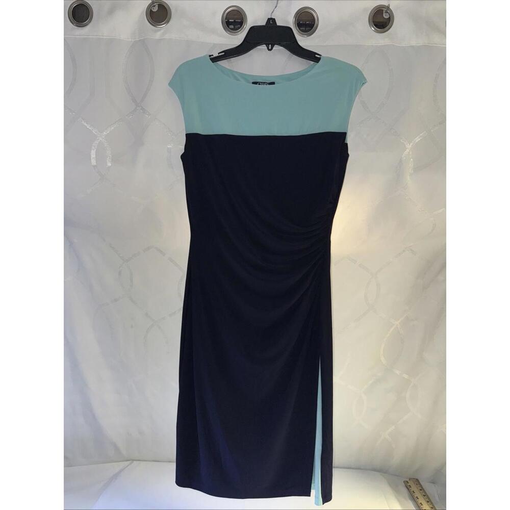 CHAPS Stretchy Knit Dress Sz MNavy Blue /Turquoise Ruched Sleeveless Faux Wrap